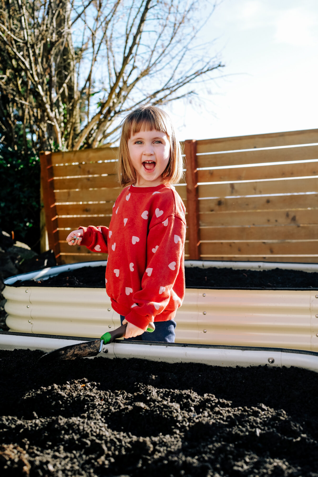 Seattle's best commercial food and hospitality photographer A young girl in a red sweater with white hearts stands in a raised garden bed, smiling and holding a gardening trowel—captured by Seattles best commercial food lifestyle photographer, with dark soil and a wooden fence in the background. captured by seattle's best food and lifestyle photographer Brooke Fitts