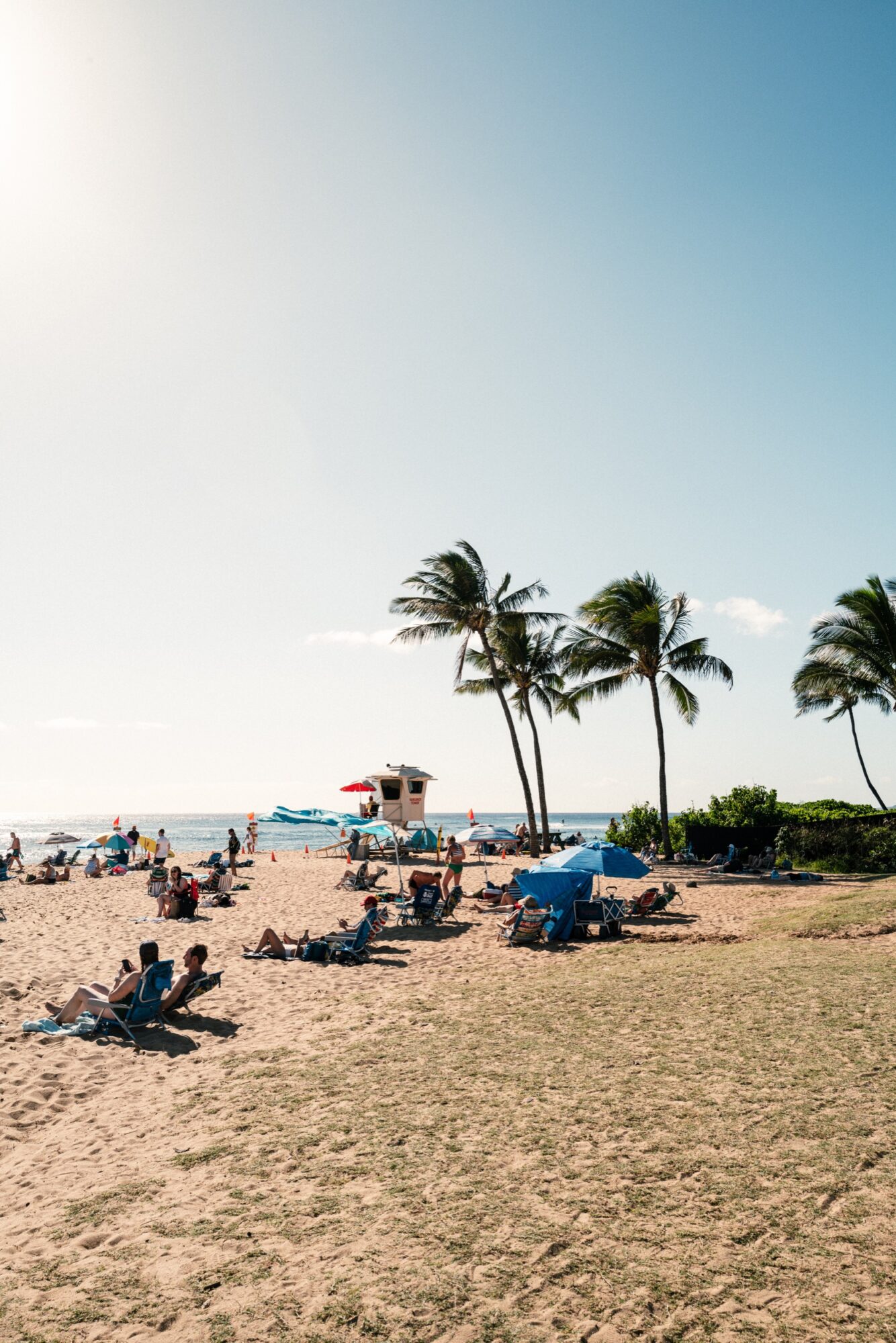 Seattle's best commercial food and hospitality photographer People relax on a sandy beach under clear blue skies, some sitting under umbrellas. Captured by Seattles best commercial food lifestyle photographer, palm trees sway and a lifeguard tower overlooks the vibrant ocean scene. captured by seattle's best food and lifestyle photographer Brooke Fitts