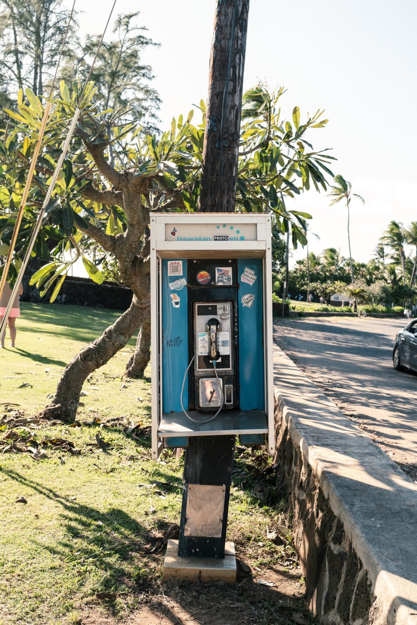 Seattle's best commercial food and hospitality photographer A blue Hawaiian Telcom payphone is mounted on a wooden pole beside a road, with tropical trees and a parked car in the background under a clear sky—captured by Seattles best commercial food lifestyle photographer. captured by seattle's best food and lifestyle photographer Brooke Fitts