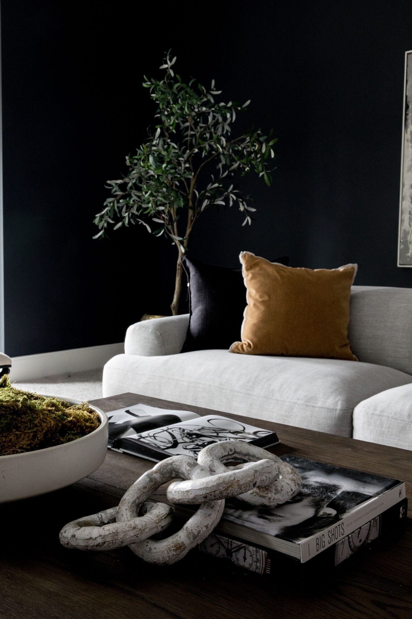 Seattle's best commercial food and hospitality photographer A modern living room with a light gray sofa, stylish pillows, and curated decor is captured with the eye of Seattles best commercial food lifestyle photographer. The dark wall adds depth to this inviting, beautifully staged setting. captured by seattle's best food and lifestyle photographer Brooke Fitts