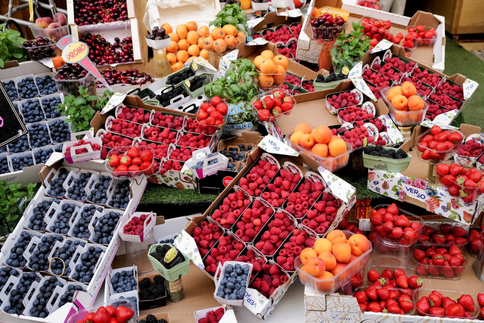 Seattle's best commercial food and hospitality photographer An assortment of fresh fruits at an outdoor market, photographed by Seattles best commercial food lifestyle photographer, including raspberries, blueberries, strawberries, blackberries, and apricots displayed in open cartons and baskets on a table. captured by seattle's best food and lifestyle photographer Brooke Fitts