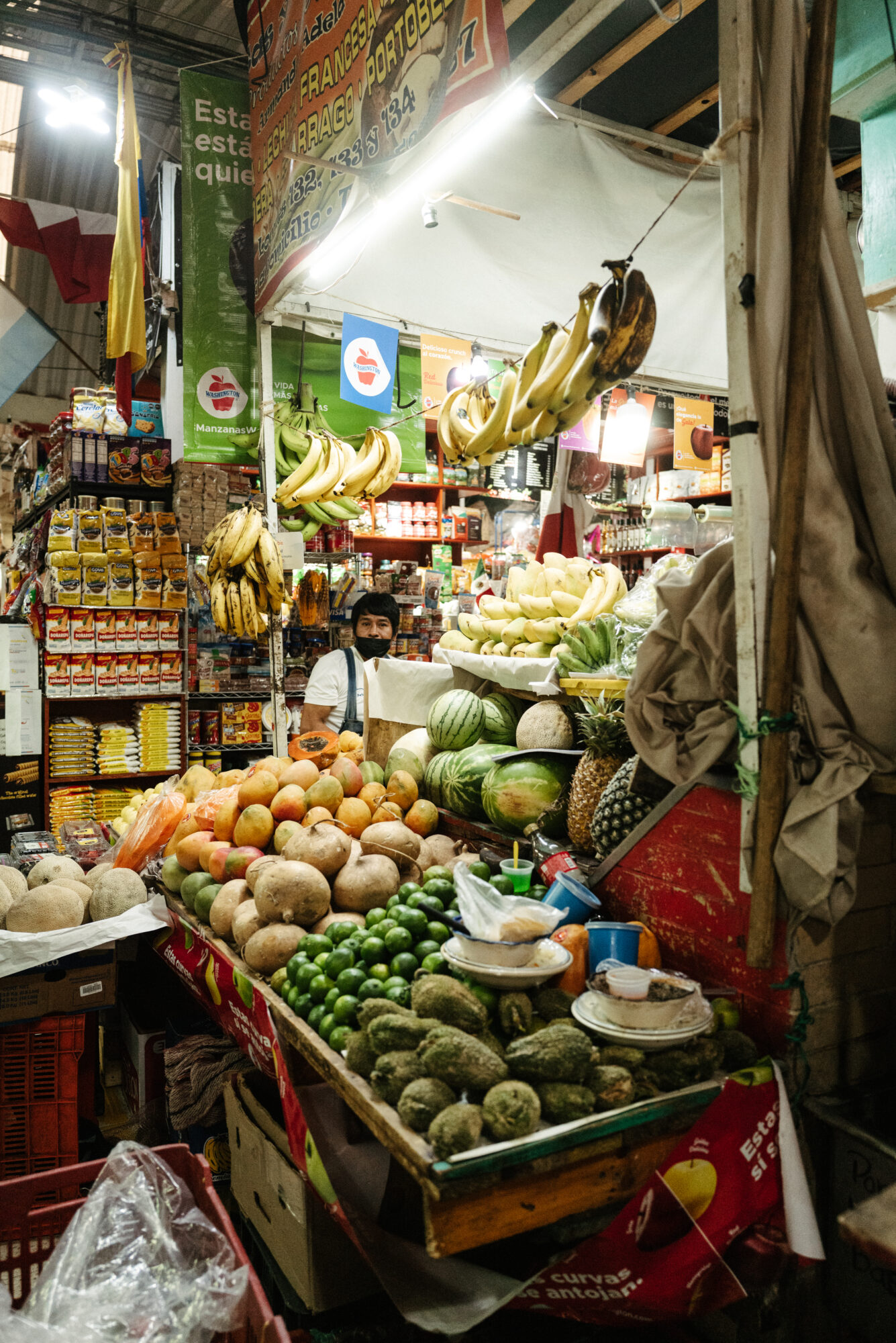 Seattle's best commercial food and hospitality photographer A market stall filled with fresh fruits and vegetables, including bananas, limes, melons, and papayas. Captured by Seattles best commercial food lifestyle photographer, a masked vendor stands behind the counter amid colorful products and signs. captured by seattle's best food and lifestyle photographer Brooke Fitts