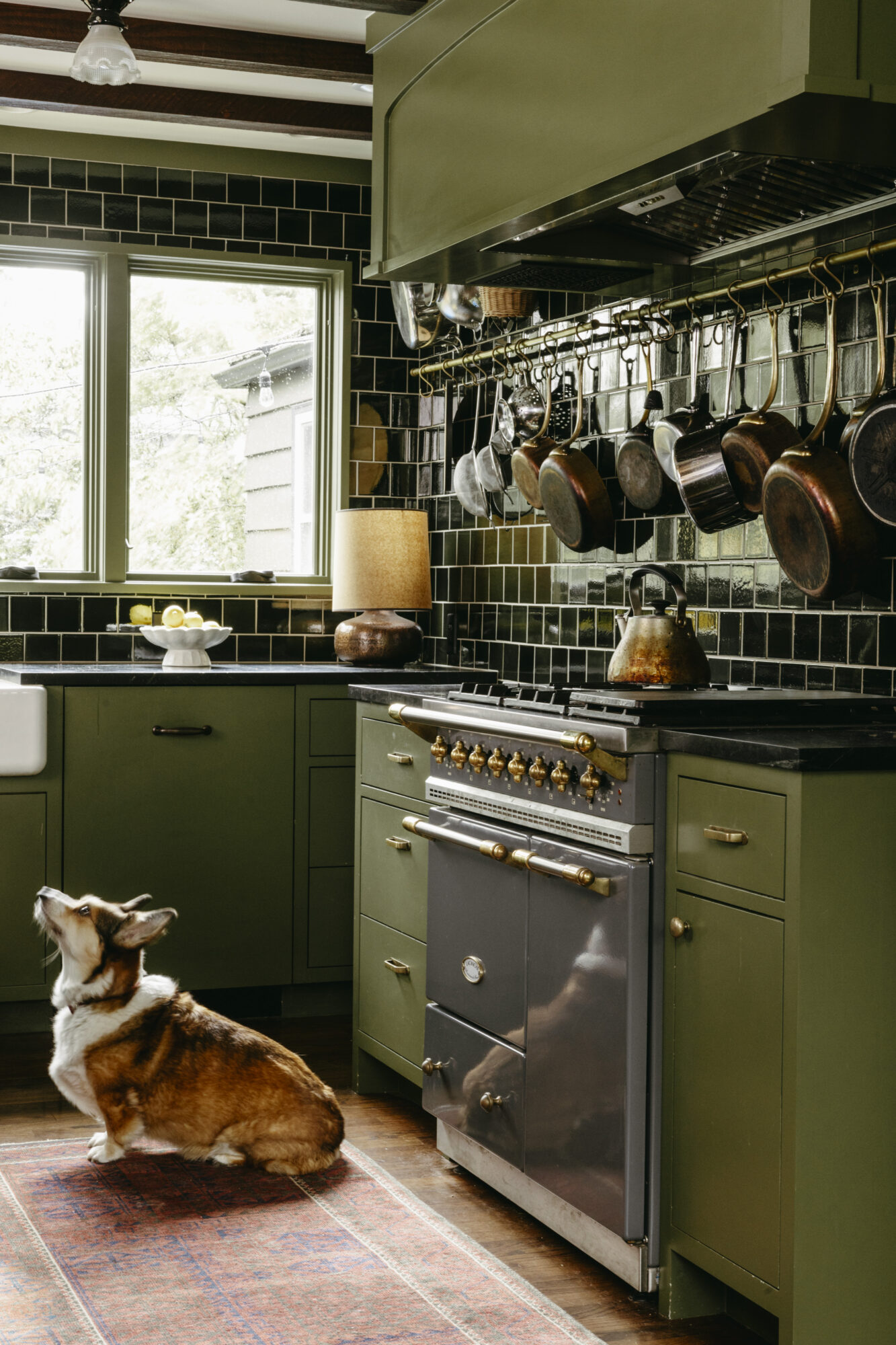 Seattle's best commercial food and hospitality photographer A corgi sits on a rug in a kitchen with green cabinets, black tile backsplash, vintage stove, and copper pots. Sunlight streams through the window—a scene worthy of a Seattle commercial interior design photographer for restaurants and hotels. captured by seattle's best food and lifestyle photographer Brooke Fitts