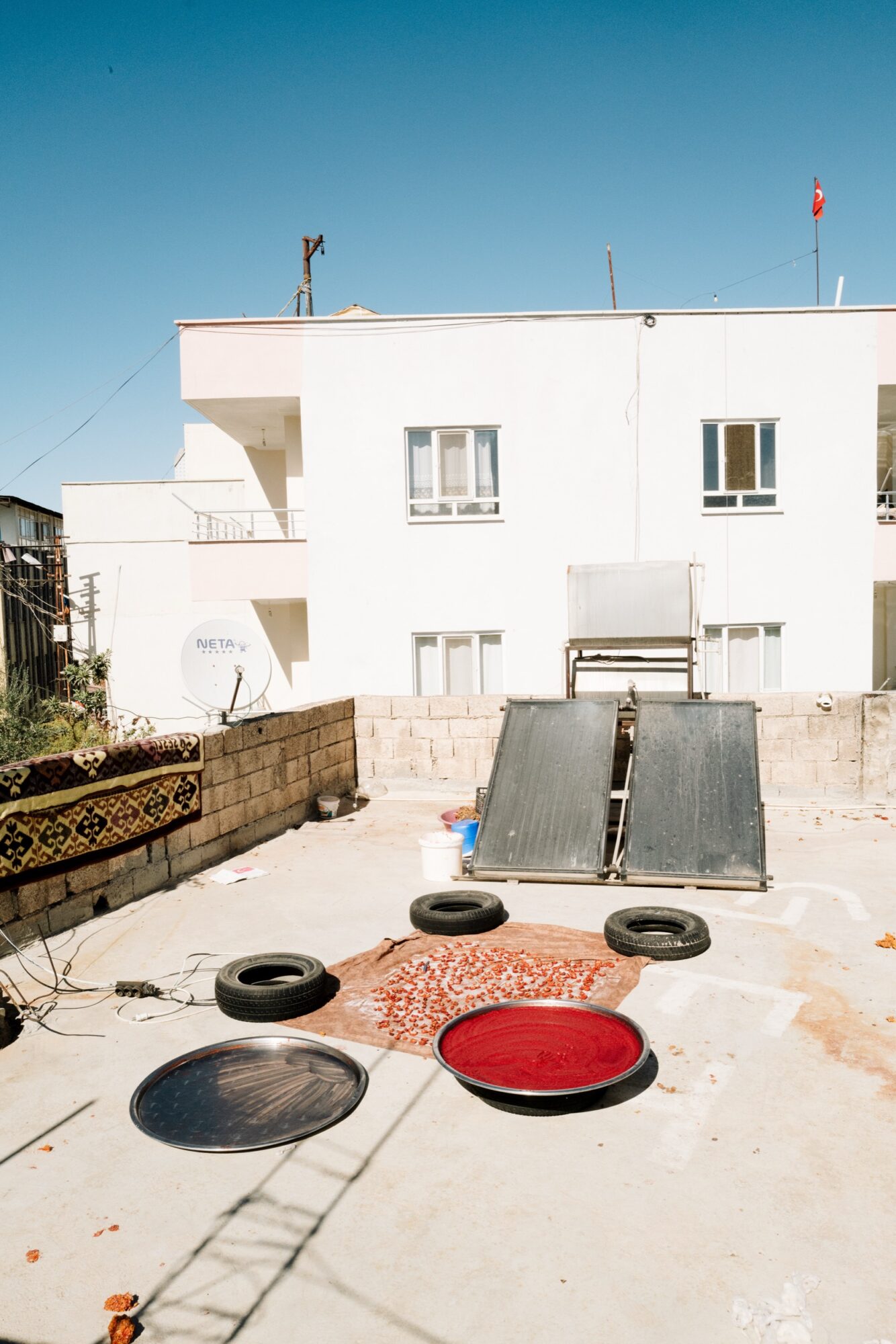 Seattle's best commercial food and hospitality photographer A rooftop scene with two solar panels, four tires, satellite dish, and trays of red food drying in the sun, in front of a white building under a clear blue sky. captured by seattle's best food and lifestyle photographer Brooke Fitts