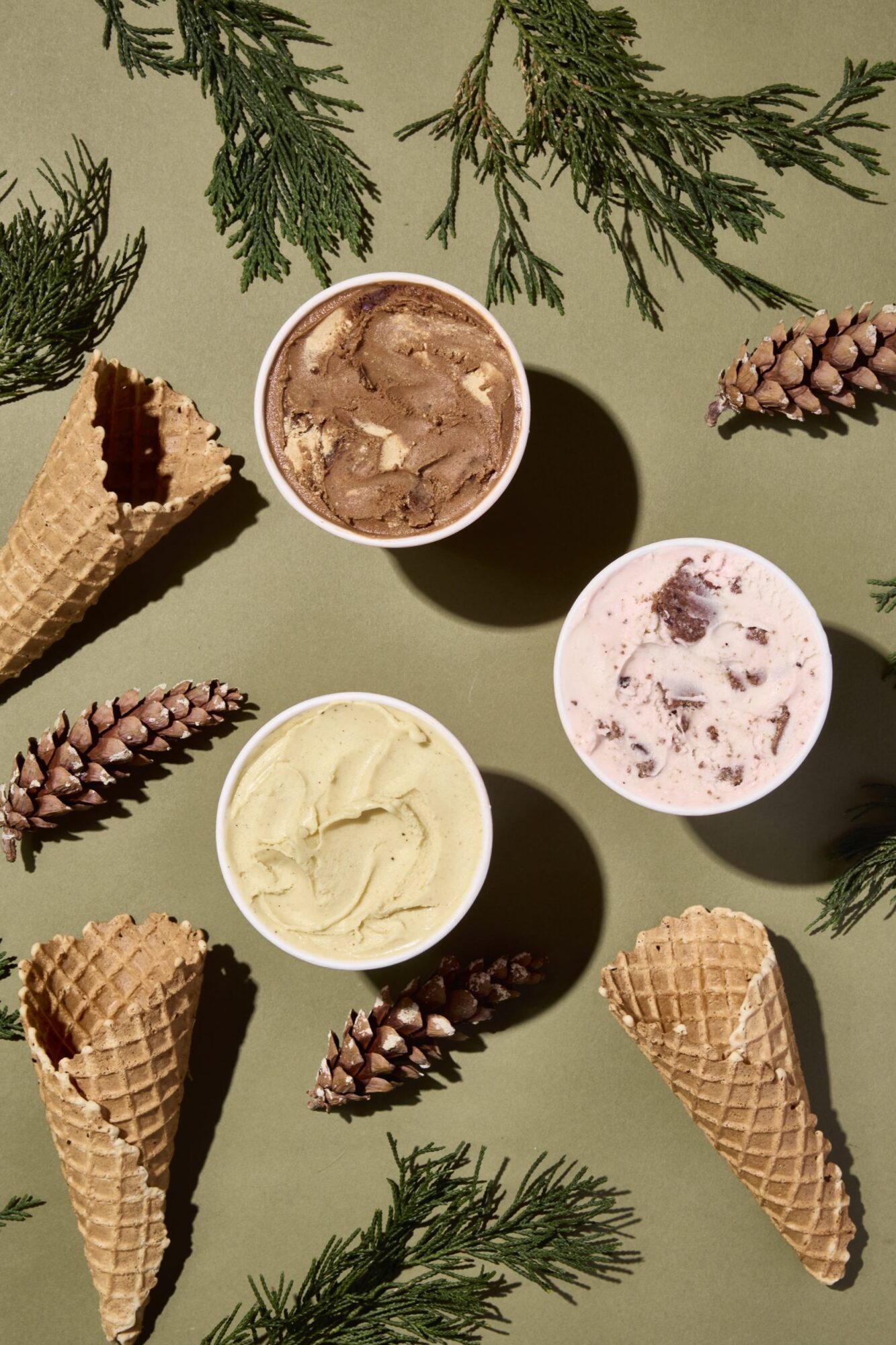 Three cups of ice cream (chocolate, pistachio, and strawberry) are arranged on a green background with waffle cones, pine cones, and evergreen sprigs surrounding them. captured by seattle's best food and hospitality photographer Brooke Fitts