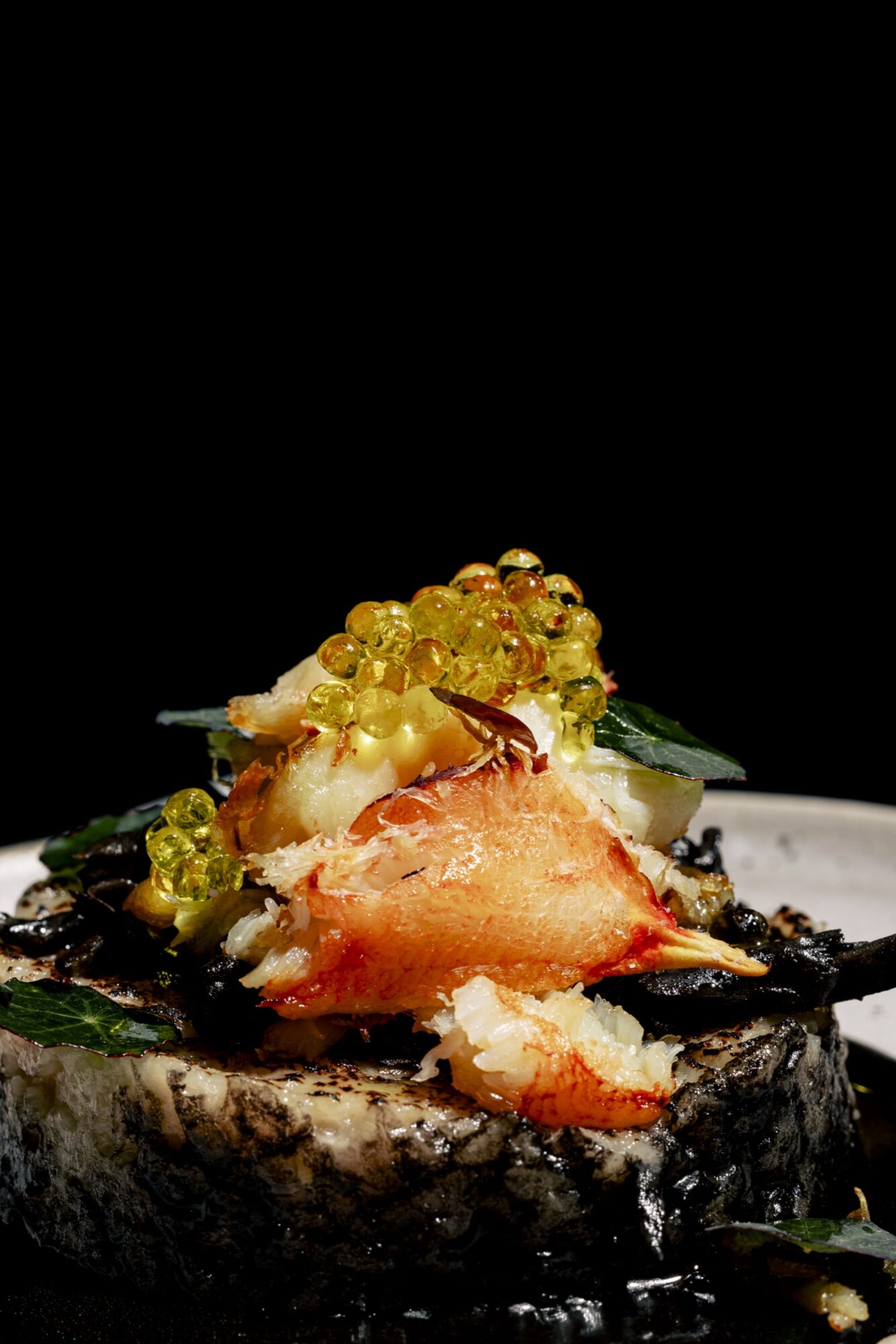 A gourmet seafood dish featuring a piece of cooked fish topped with crab meat, yellow pearls, fresh herbs, and garnishes, presented on a plate against a black background. captured by seattle's best food and hospitality photographer Brooke Fitts