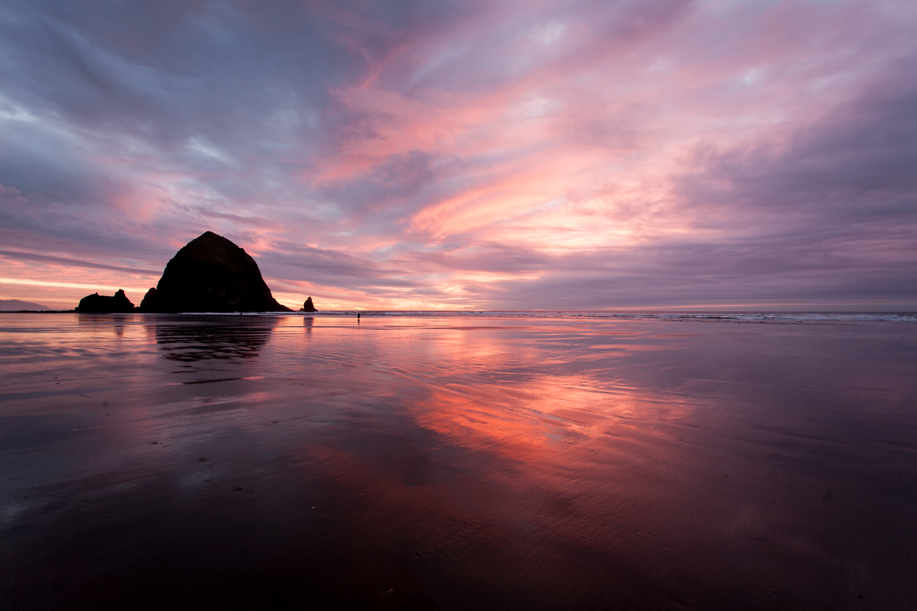 Seattle's best commercial food and hospitality photographer A dramatic sunset casts pink and orange hues across the sky and wet sand at a beach with large rock formations and gentle waves in the distance. captured by seattle's best food and lifestyle photographer Brooke Fitts